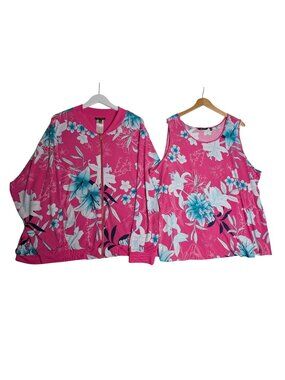 IMAN Womens Pink Floral Bomber Jacket & Matching Tank Top Set 3X Cruise wear